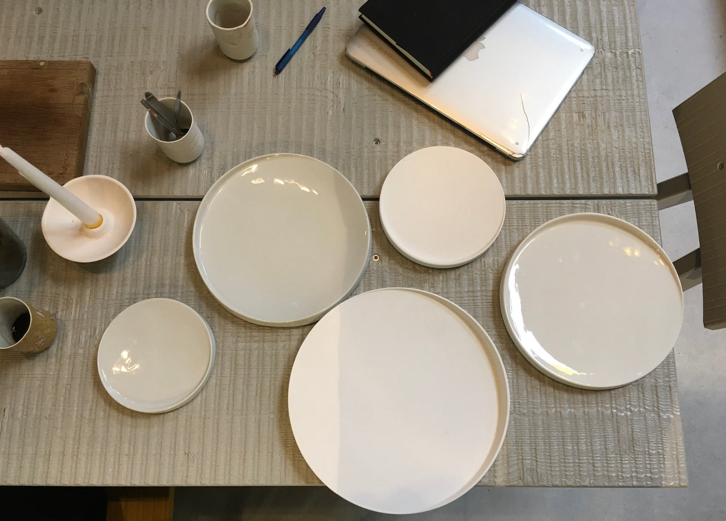 at the table with James MOON stoneware samples