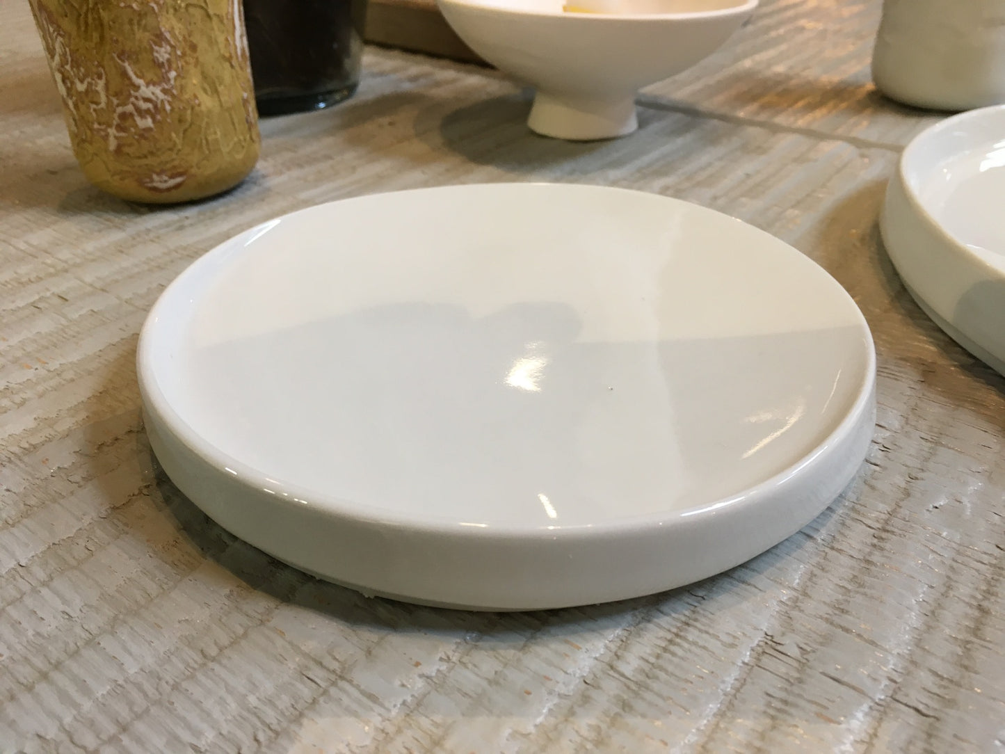 at the table with James MOON stoneware samples